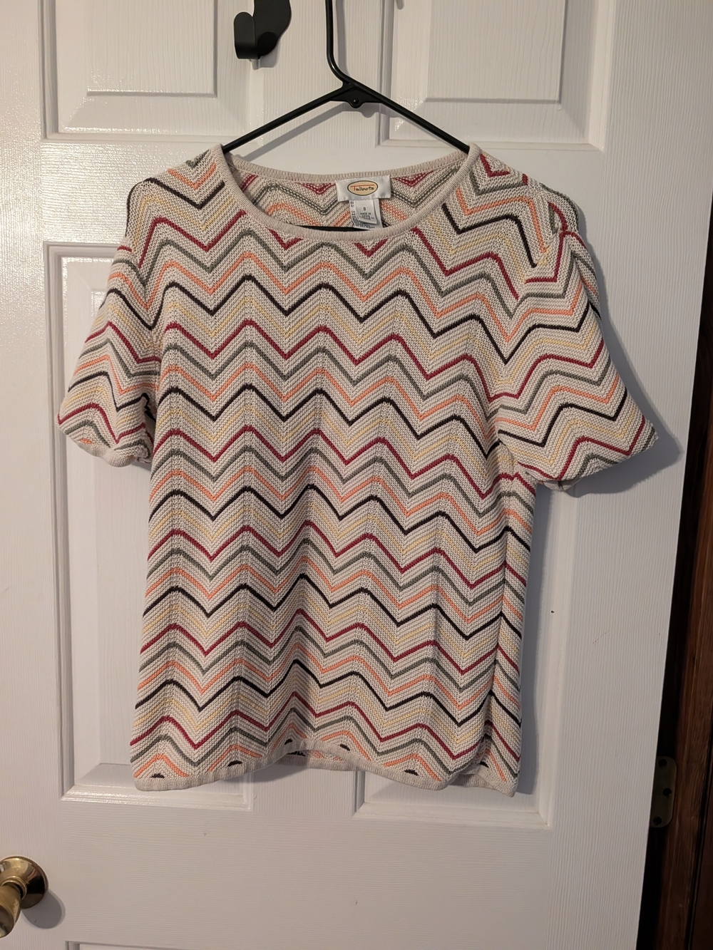 Talbots Cream Chevron Short Sleeve Knit Top with Pink and Yellow Accents